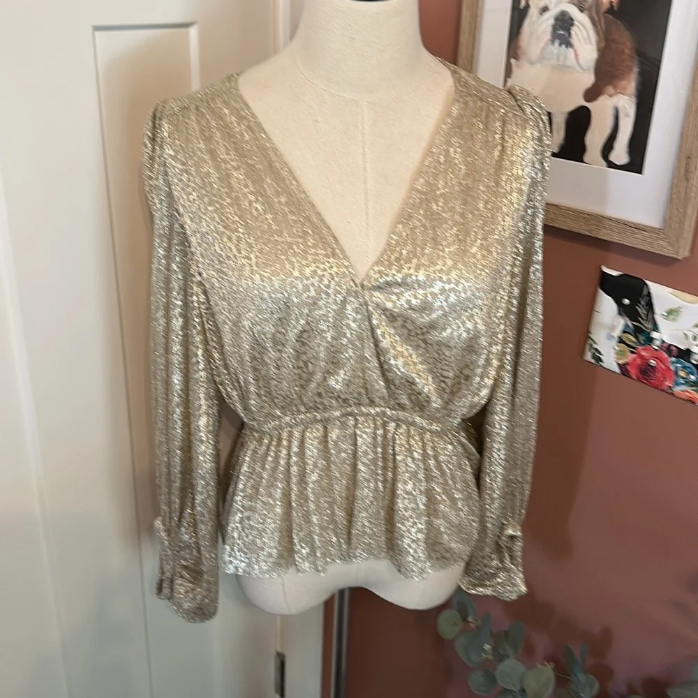 Ba&sh Caitlin gold metallic vneck peplum elastic cuff & waist 2 shirt/blouse